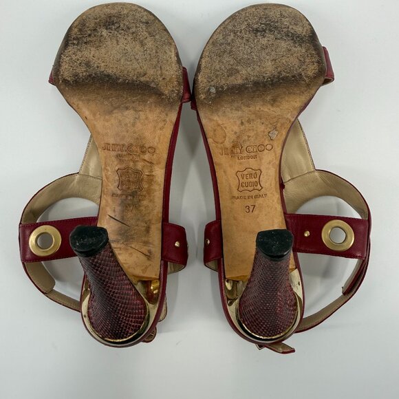 Jimmy Choo Napa Watersnake Burgundy T-Strap Heeled Sandals - Picture 3 of 9